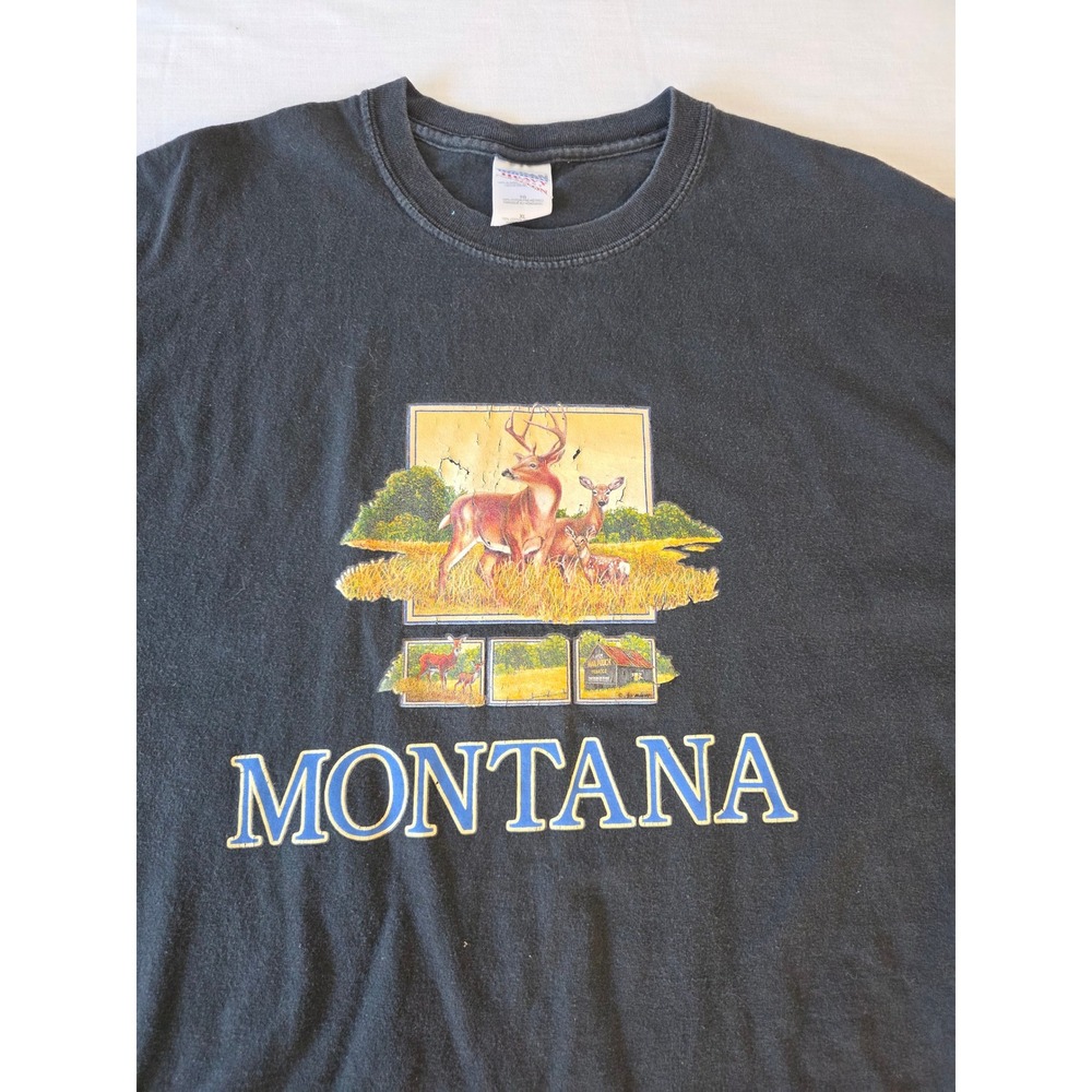 Montana Wildlife Deer Graphic Tee Shirt Heavyweight XL Black Vintage